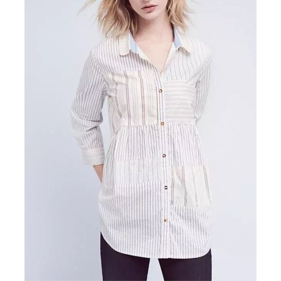 Anthropologie Holding Horses Patchwork Poplin Buttondown Peasant Blouse Stripes - Picture 1 of 10
